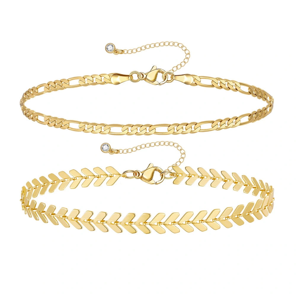 Ladies bracelets Asian styles-Dainty 14k Gold Plated Layering Anklets Bracelets Set- Figaro & Fishbone