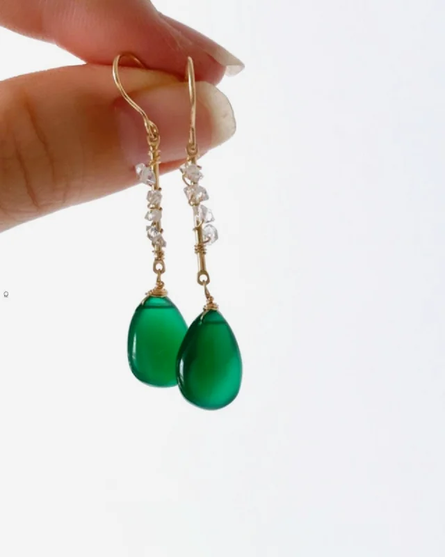 Ladies earrings boho flair-Green Onyx and Herkimer Diamonds Earrings