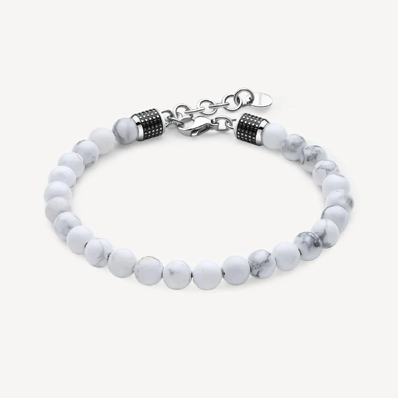 Ladies bracelets engraved names-Stainless Steel and Howite Bead Bracelet