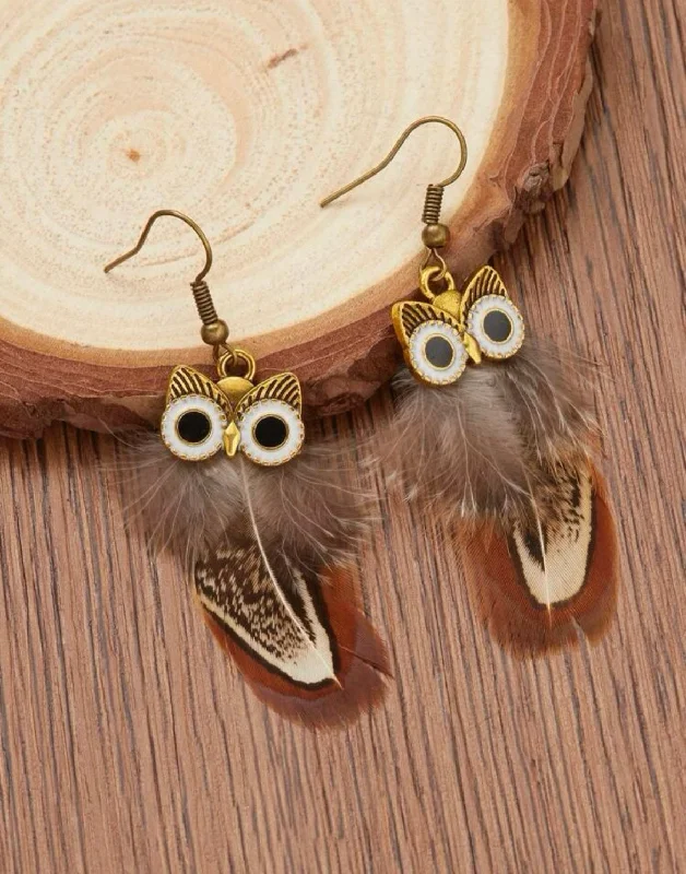 Ladies earrings openwork patterns-Owl Feather Earrings