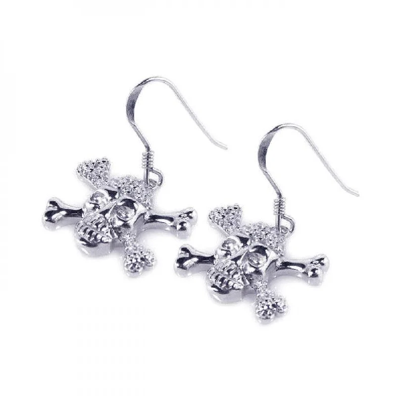 Ladies earrings e-commerce sites-Silver 925 Rhodium Plated Pirate Skull CZ Dangling Hook Earrings - STE00537