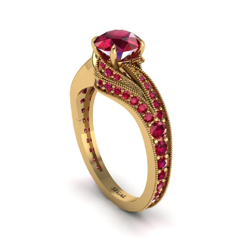 Ladies engagement rings bezel styles-Ruby 14K Gold Pave Engagement Ring - Magnolia No. 55