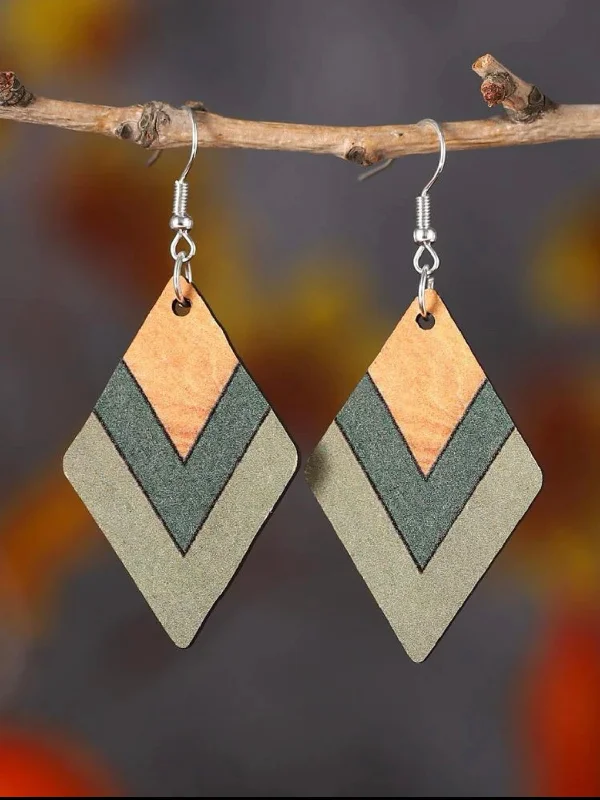 Ladies earrings celebrity trends-Wooden Rhombus Drop Earrings