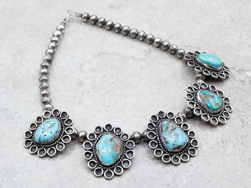 Ladies necklaces anniversary picks-Sterling Silver Native American Squash Blossom Turquoise Statement Necklace