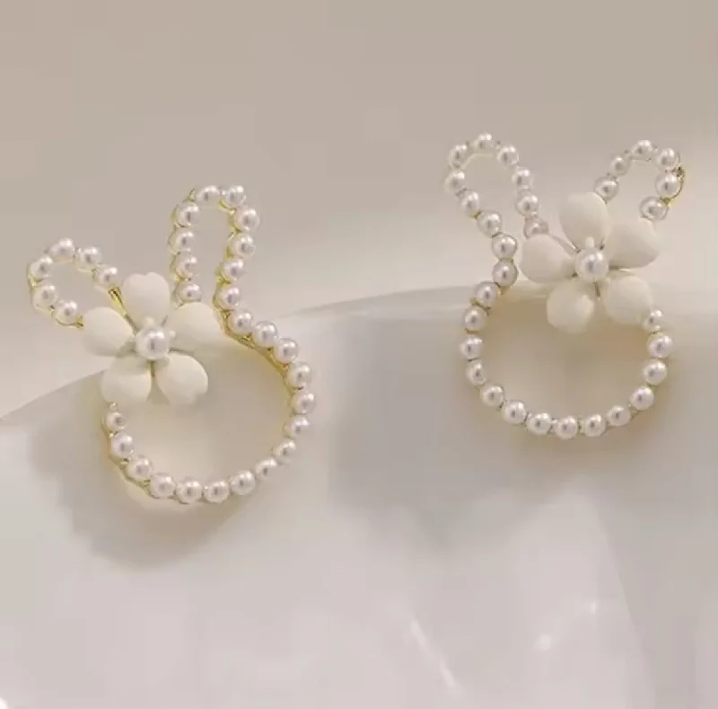 Ladies earrings openwork patterns-Easter Bunny Earrings with Pearls and a White Dainty Flower