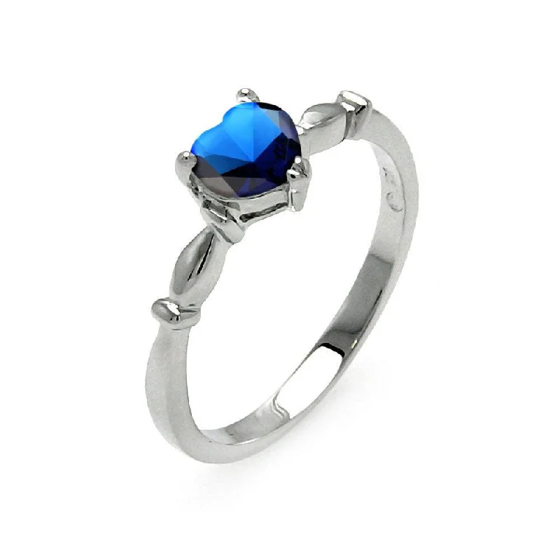 Ladies rings Asian styles-Rhodium Plated 925 Sterling Silver CZ Heart Blue September Ring - BGR00521SEP