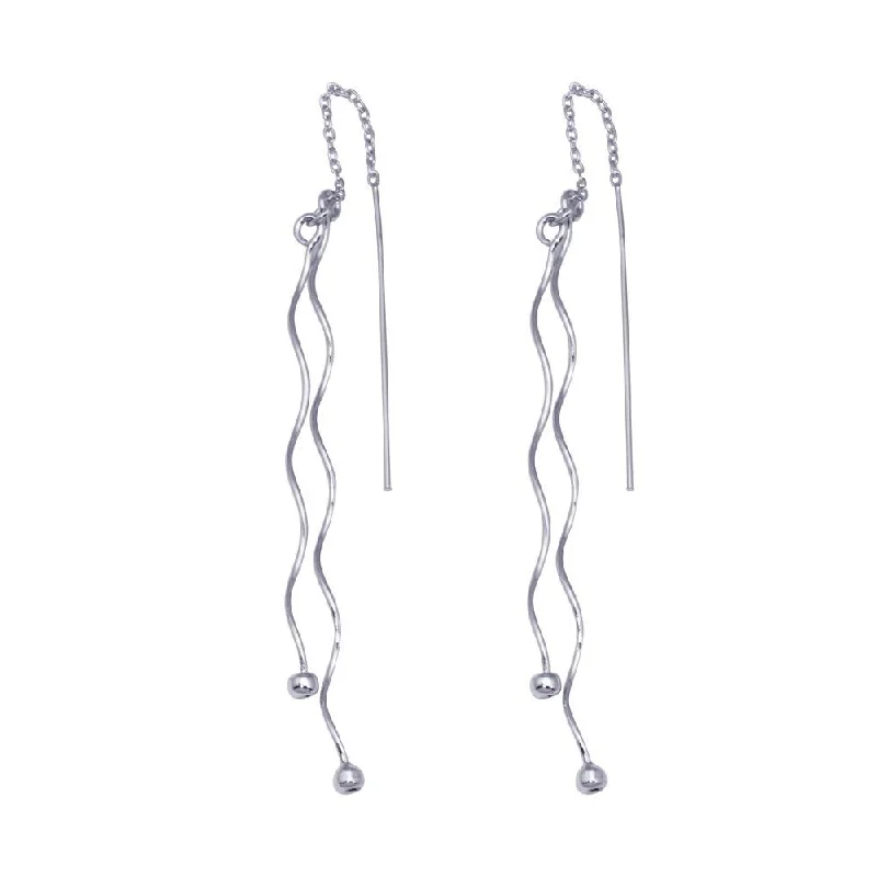 Ladies earrings standout designs-Silver 925 Rhodium Plated Two Twisted Wire Threaded Hanging Ball Hook Earrings - DSE00046