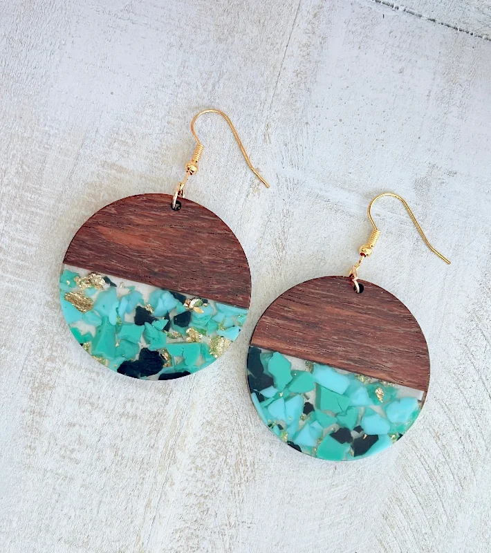 Ladies earrings buying tips-Beautiful Round Wood and Green Patchwork Resin Drop Earrings