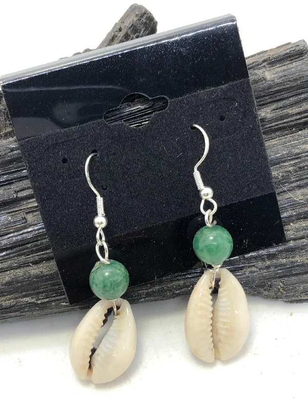 Ladies earrings gold designs-Gemstone and Cowrie Shell Sterling Silver Hook Earrings