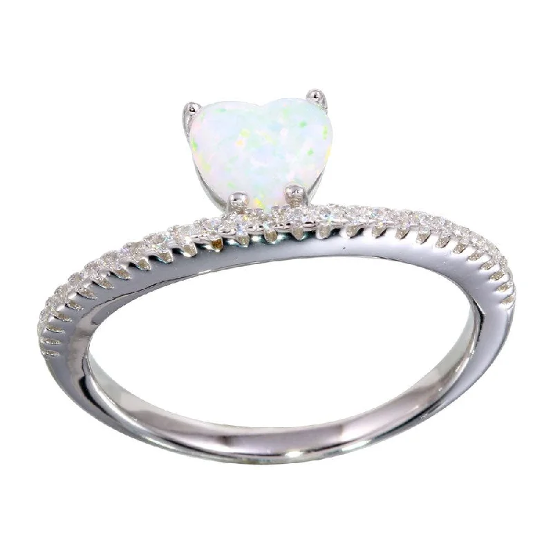 Ladies rings European flair-Rhodium Plated 925 Sterling Silver Semi Eternity Band with Opal Heart Ring - BGR01134