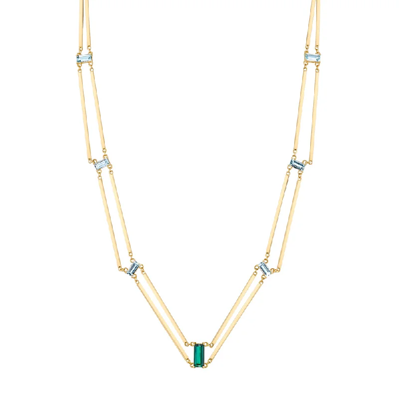 Ladies necklaces synthetic jewels-Aquamarine and Tourmaline Railway Necklace