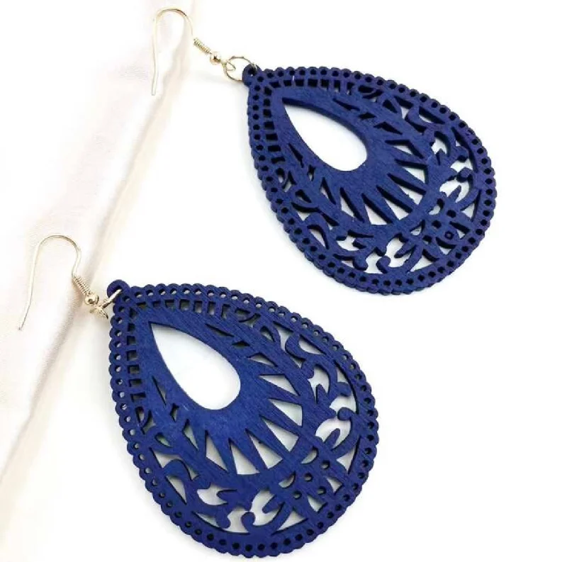 Ladies earrings hoop styles-Beautiful Navy Blue Wooden Drop Earrings