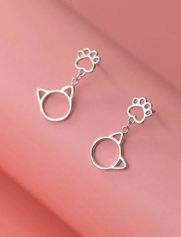 Ladies earrings statement pieces-Beautiful Cat and Paw Stud Drop Earrings