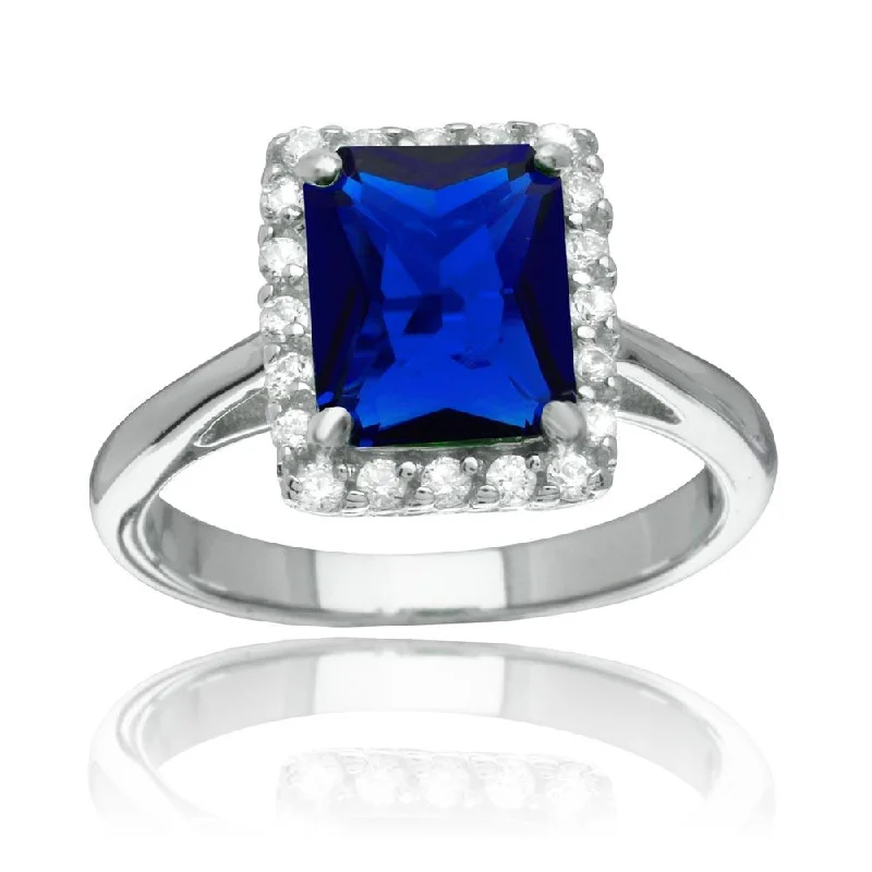 Ladies rings wedding bands-Rhodium Plated 925 Sterling Silver Square Blue CZ Halo Ring - BGR01113BLU