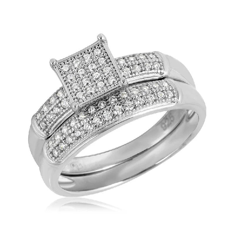 Ladies rings celebrity trends-Silver 925 Rhodium Plated Square Design Micro Pave Bridal Ring - GMR00116