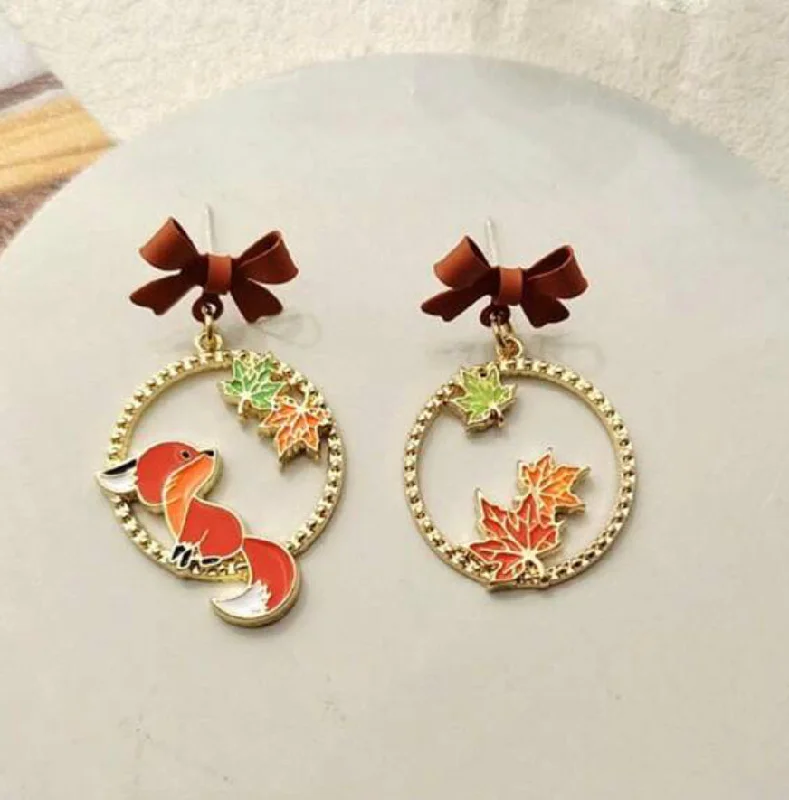 Ladies earrings animal themes-Autumn Maple Leaf and Fox Earrings