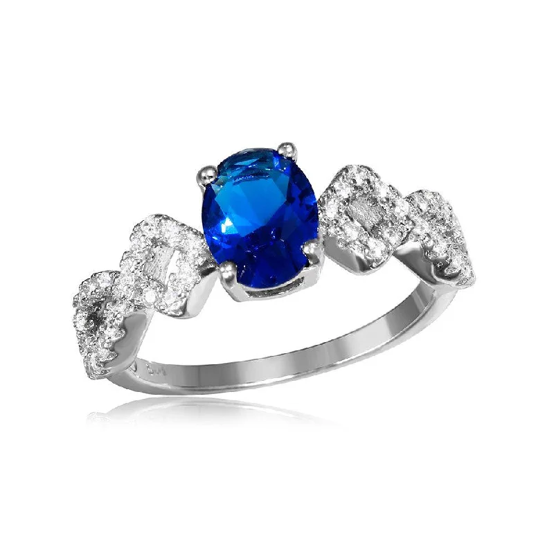 Ladies rings birthday surprises-Silver 925 Rhodium Plated Sapphire Center Stone Ring with CZ Shank - BGR01053