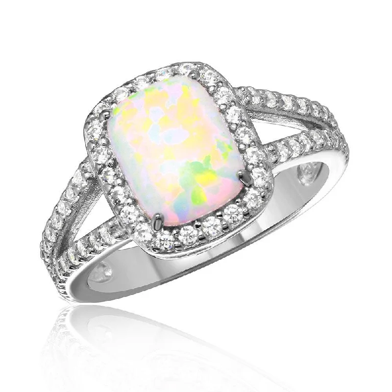 Ladies rings titanium options-Silver 925 Rhodium Plated Halo Ring with Synthetic Baguette Opal and CZ - BGR01041