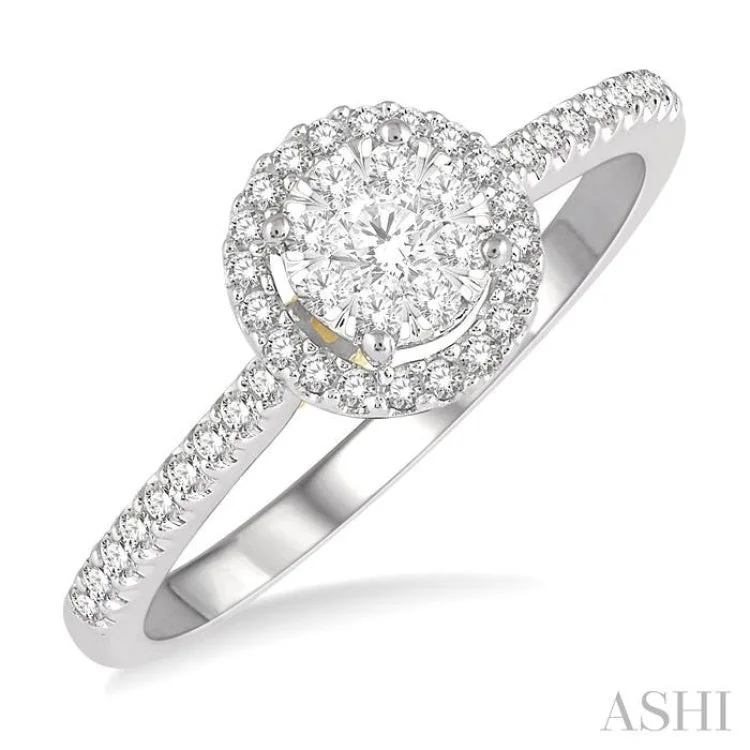 Ladies engagement rings romantic picks-1/3 Ctw Round Diamond Lovebright Halo Engagement Ring in 14K White and Yellow Gold