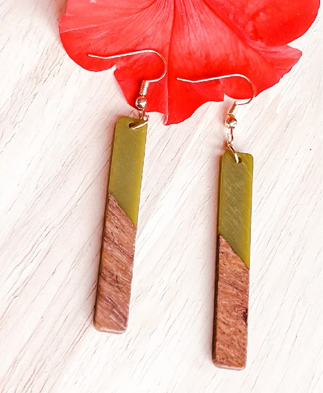 Ladies earrings store locations-Wood and Green Resin Bar Earrings