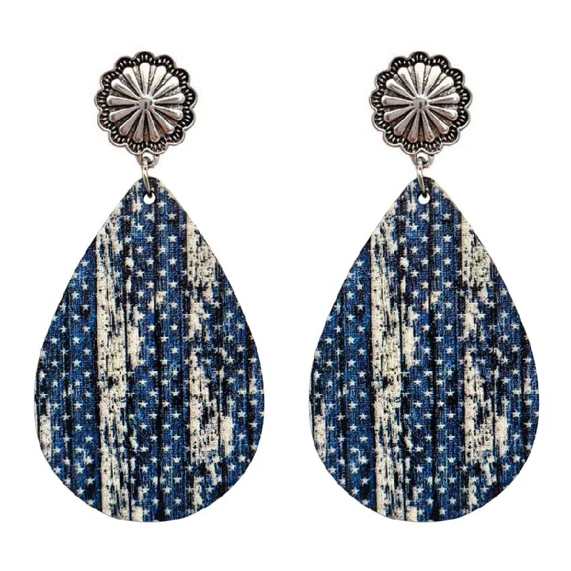 Ladies earrings buying tips-Wooden Blue Star and Striped Teardrop Earrings