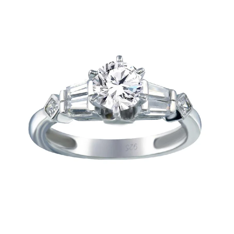 Ladies rings top brands-Rhodium Plated 925 Sterling Silver Clear Baguette Round Center CZ Ring - ACR00028