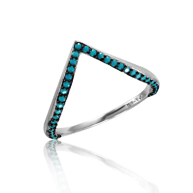 Ladies rings store finds-Silver 925 Rhodium Plated V Ring with Synthetic Turquoise Stones - STR01054