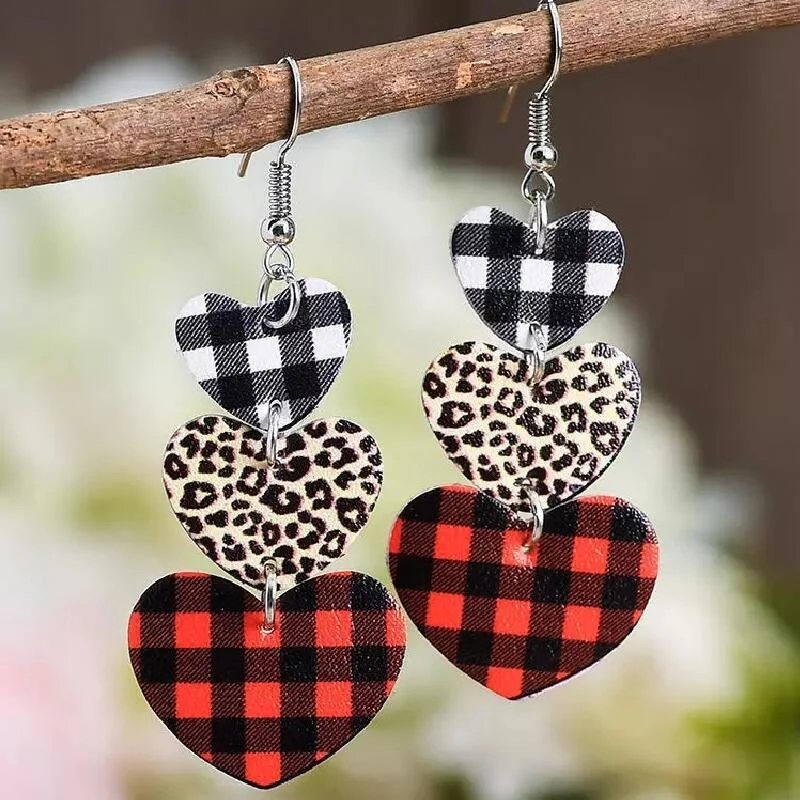 Ladies earrings dangle looks-Valentine's Day Heart Shaped Red Plaid Leather Earrings