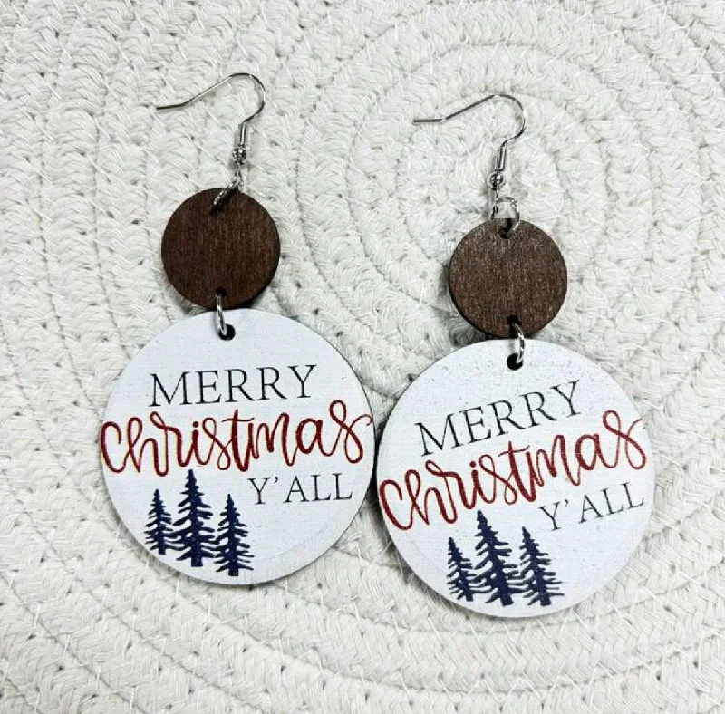 Ladies earrings unique designs-Merry Christmas Ya'll Wooden Drop Earrings