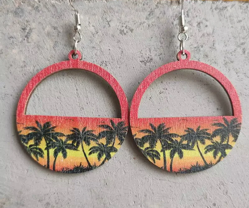 Ladies earrings holiday gifts-Wooden Palm Tree Sunset Earrings