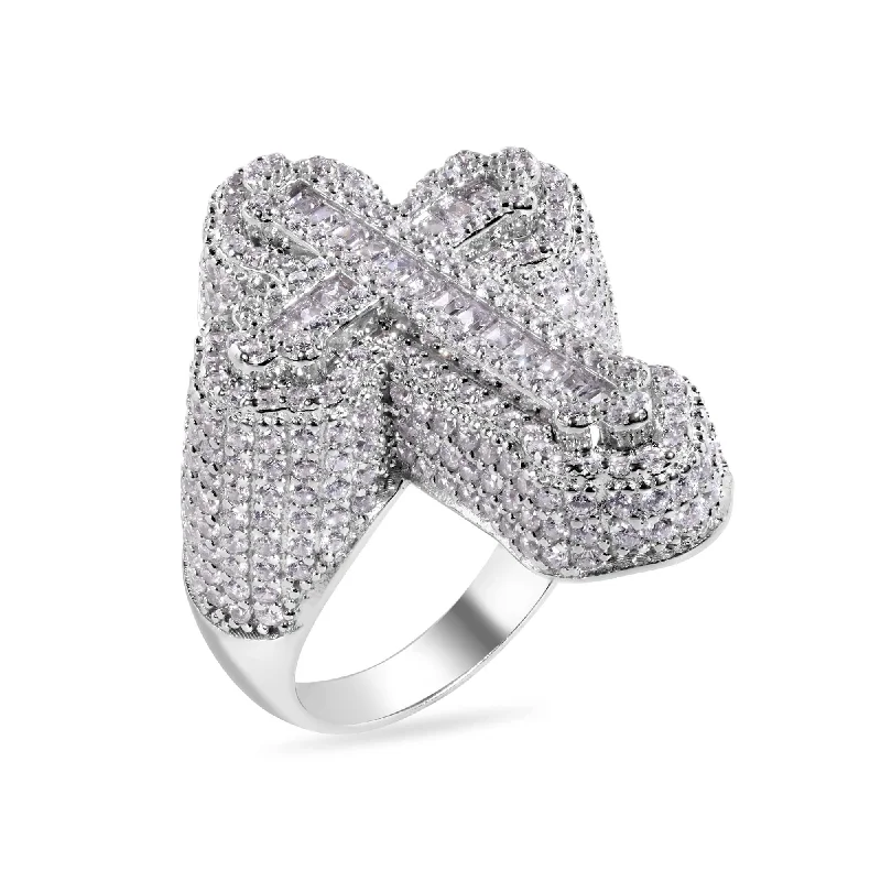 Ladies rings party wear-Rhodium Plated 925 Sterling Silver Cross Baguette Clear CZ Studded Top 31.5mm Ring - GMR00390