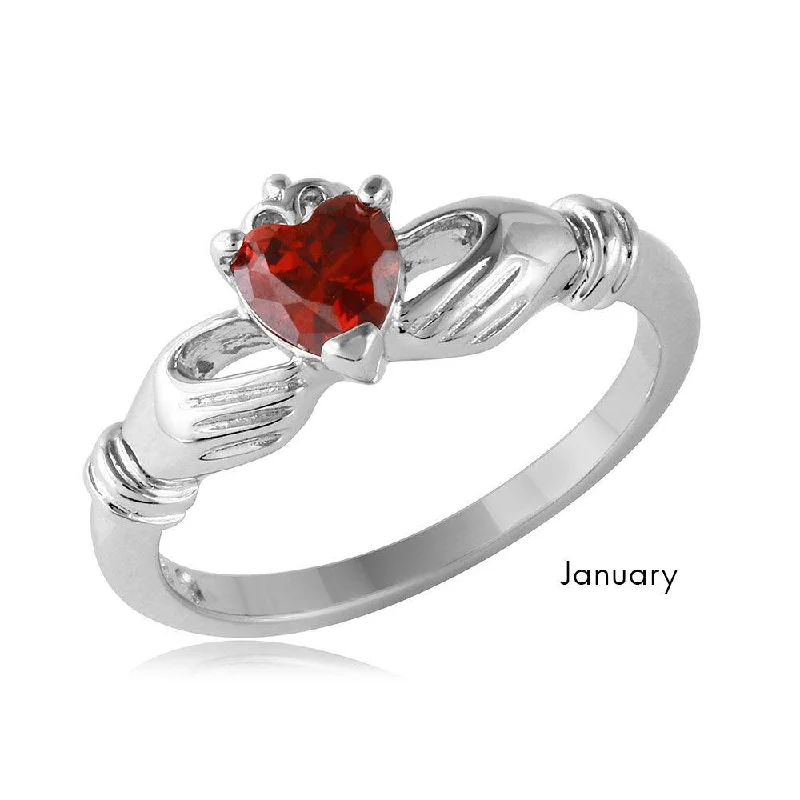 Ladies rings collectible items-January Sterling Silver 925 Rhodium Plated CZ Center Birthstone Claddagh Ring - BGR01083JAN