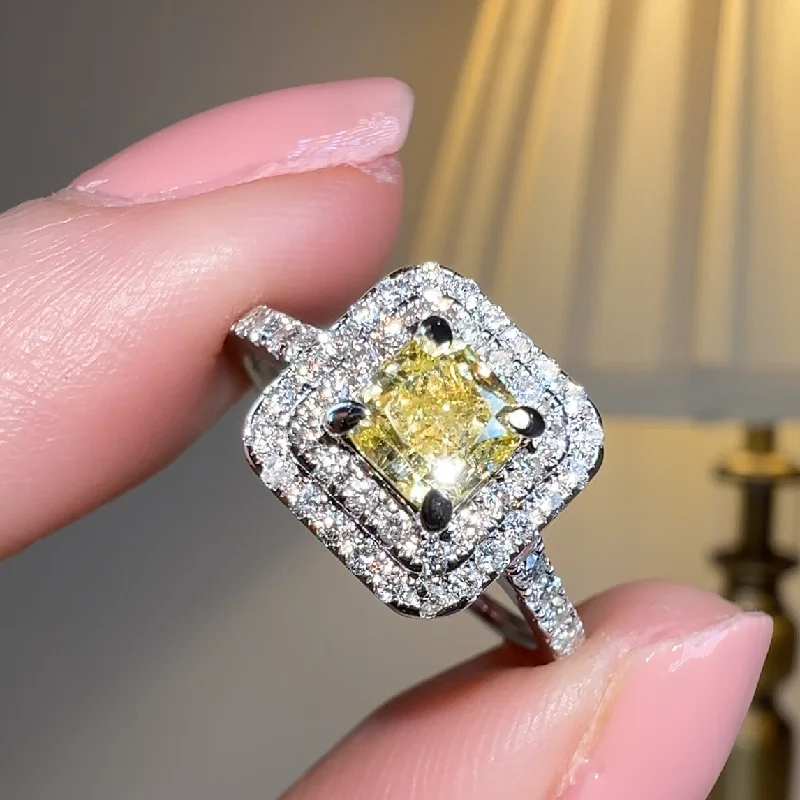 Ladies engagement rings silver tones-"Holly" Yellow Cushion Cut Halo Diamond Shoulder Engagement Ring DSCC07