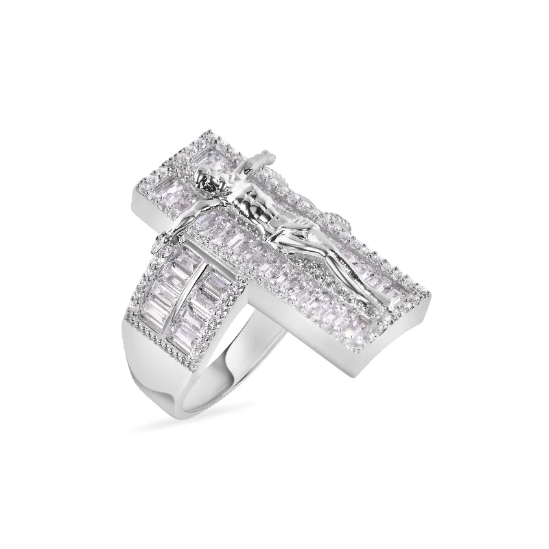 Ladies rings classic looks-Rhodium Plated 925 Sterling Silver Cross Baguette Cut Clear CZ 9.6mm Ring - GMR00380