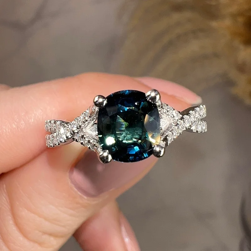 Ladies engagement rings pear shapes-"River" Teal Cushion Cut Sapphire Crossover Diamond Shoulders Engagement Ring