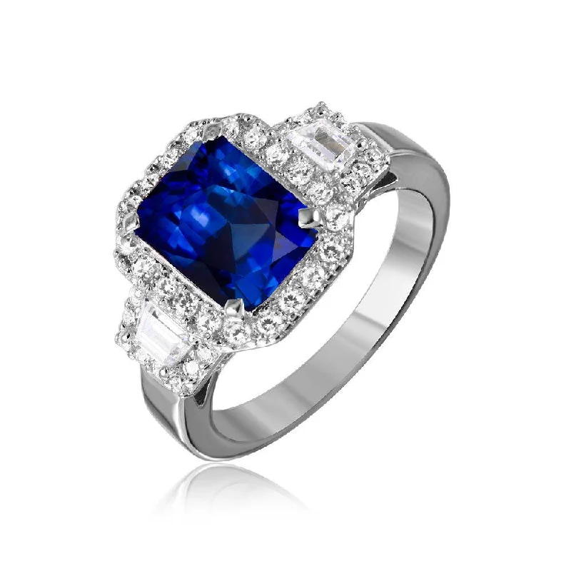 Ladies rings animal themes-Silver 925 Rhodium Plated Sapphire Emerald Cut Center CZ Stone Ring - GMR00101S