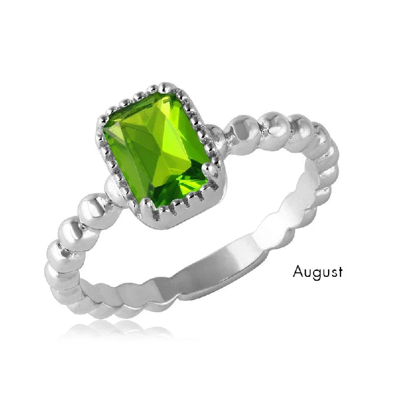 Ladies rings proposal gifts-August Sterling Silver 925 Rhodium Plated Beaded Shank Square Center Birthstone Ring - BGR01081AUG