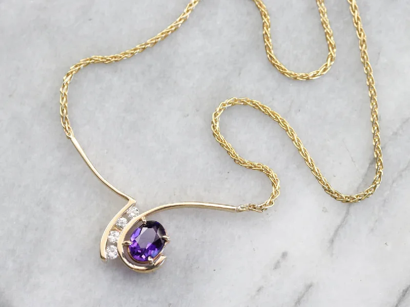 Ladies necklaces handmade designs-Modernist Amethyst Diamond Gold Necklace