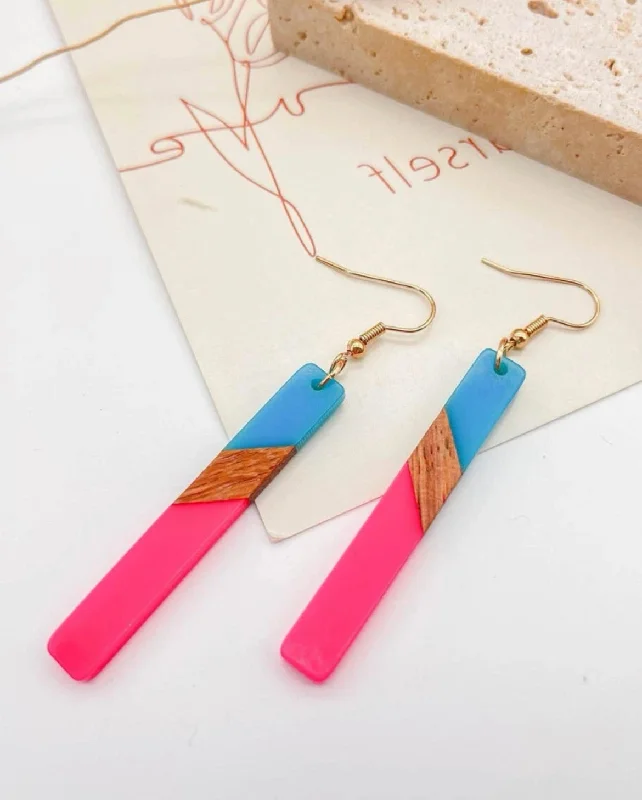 Ladies earrings vintage charm-Turquoise and Hot Pink Resin and Wood Bar Earrings