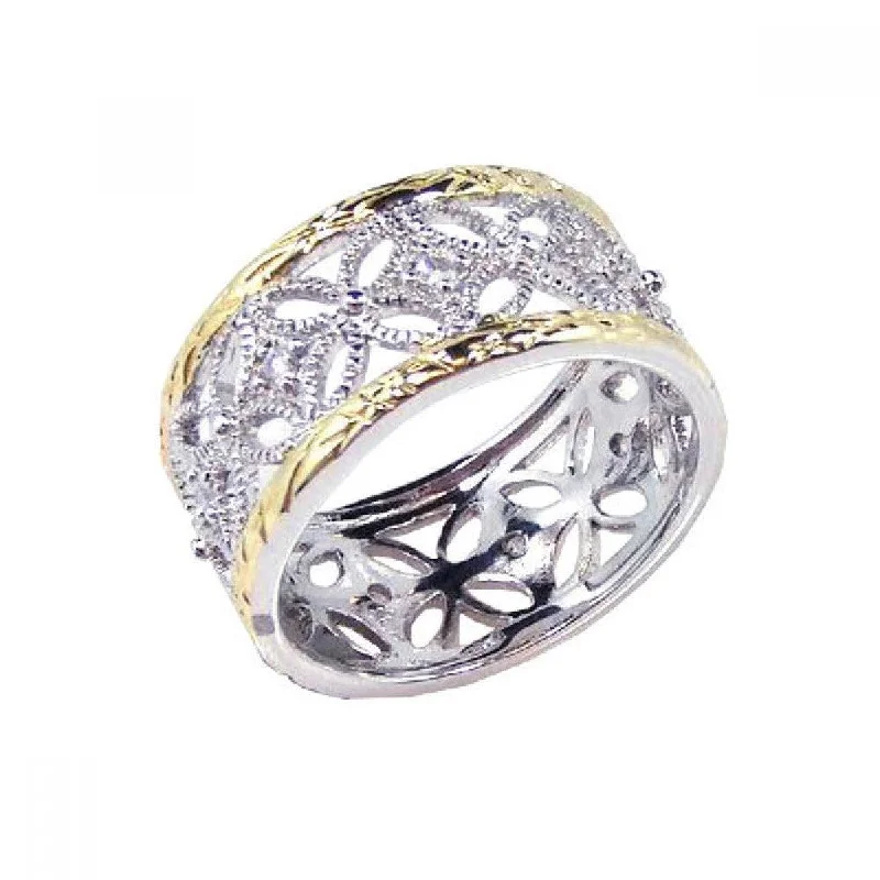 Ladies rings Christmas designs-Silver 925 Rhodium and Gold Plated Border CZ Flower Ring - STR00330