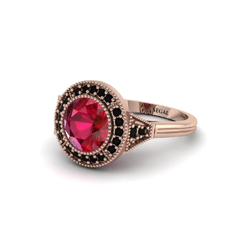 Ladies engagement rings pave settings-Round Cut Ruby Milgrain Halo Engagement Ring - Maggie No. 41