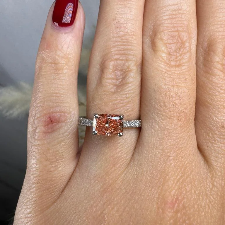 Ladies engagement rings small diamonds-"Zilia" Pink Lab Grown Emerald Cut Diamond Shoulder Engagement Ring