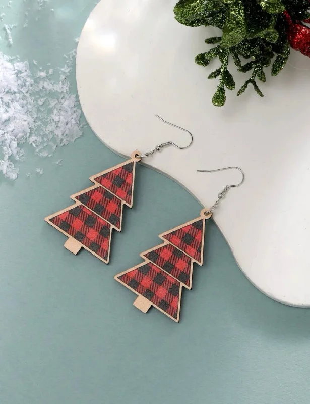 Ladies earrings star motifs-Wooden Red Plaid Christmas Tree Earrings