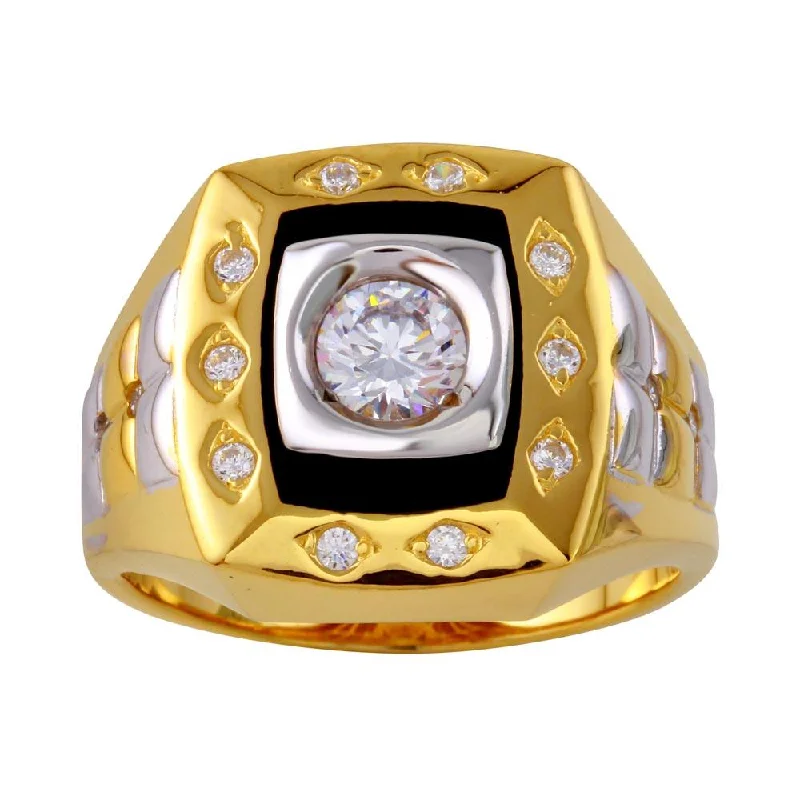 Ladies rings celebrity trends-Three-Tone 925 Sterling Silver Square Ring with CZ - GMR00225GR