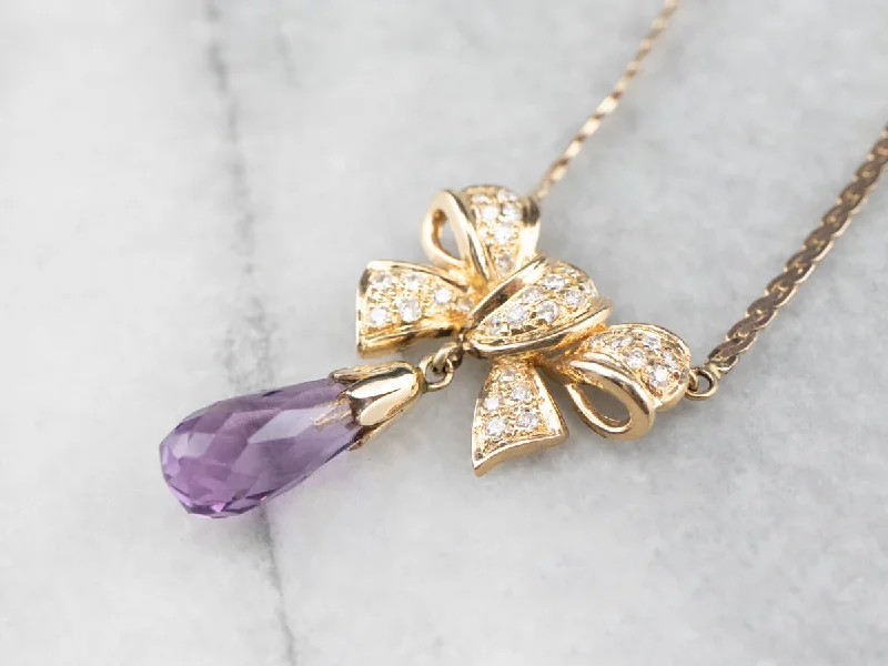 Ladies necklaces sister sets-Gold Bow Amethyst and Diamond Necklace