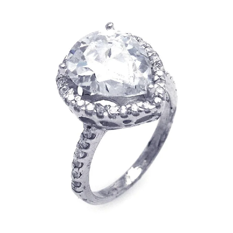 Ladies rings youthful flair-Silver 925 Rhodium Plated Clear Pear Center and Cluster CZ Ring - STR00386CLR