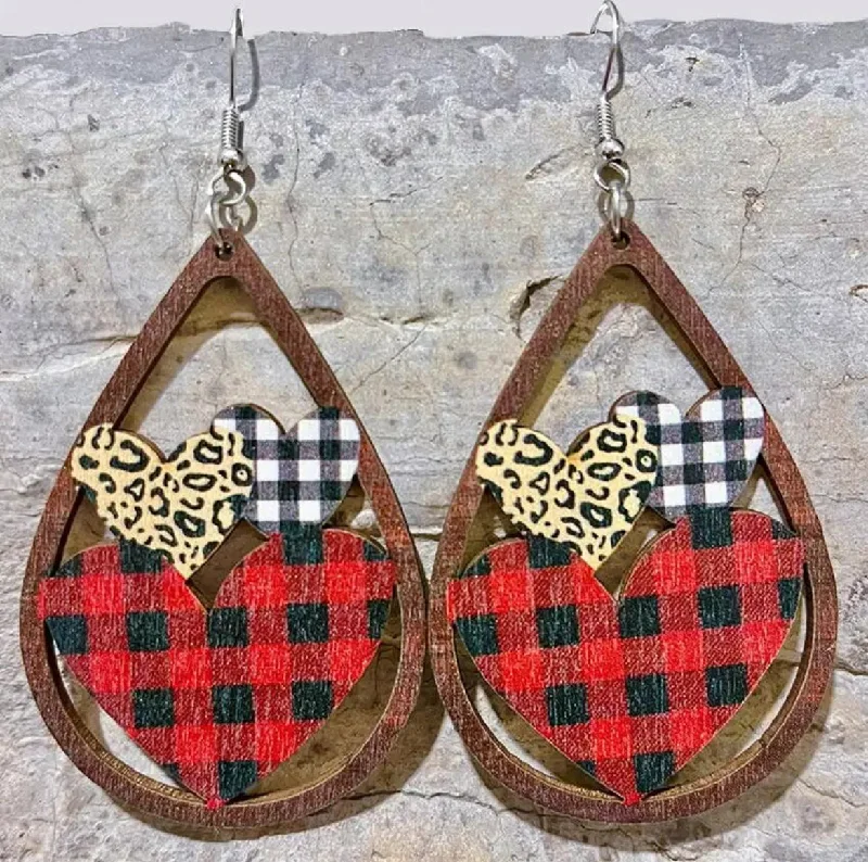 Ladies earrings punk vibes-Wooden Plaid Heart Teardrop Earrings