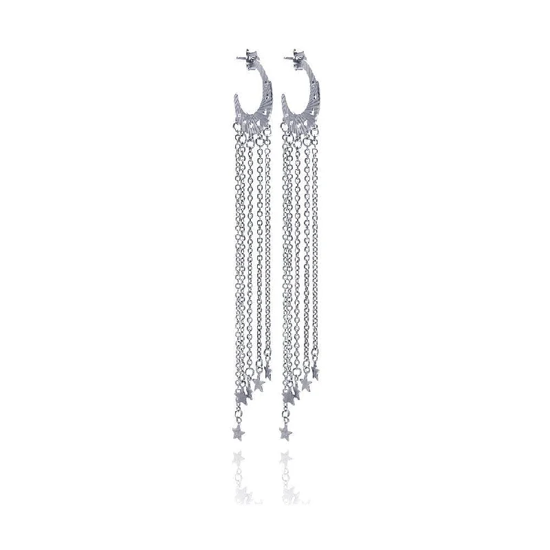 Ladies earrings 2025 trends-Clearance-Silver 925 Rhodium Plated Heart Cut out Moon Shape Wire Dangling Star Earrings - STE00055