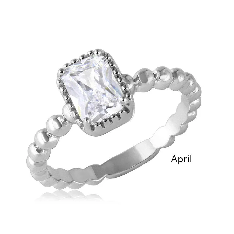 Ladies rings European flair-April Sterling Silver 925 Rhodium Plated Beaded Shank Square Center Birthstone Ring - BGR01081APR