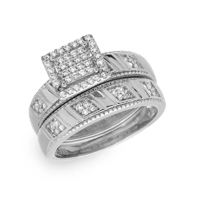 Ladies rings ring finger-Silver 925 Rhodium Plated Square Pave Center Trio Bridal Ring - GMR00158